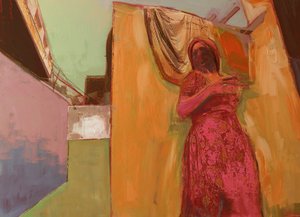 Kvinne i rosa kjole, 2016, blandede medier på trepanel av David McConochie