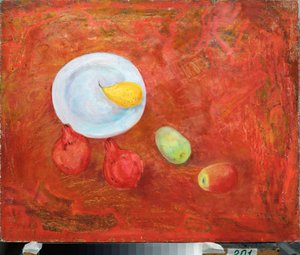 A Plate and Fruits - Maleri av David Petrovich Sterenberg (1881-1948), olje på lerret