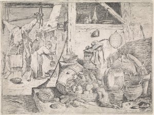 kjøkken interiør av David Teniers (II) (attributed to)