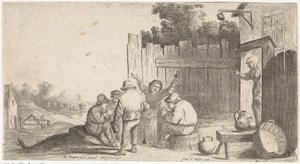 Fem bønder rundt tonnet Friluftssjangerscener (serietittel) av David Teniers (II) (attributed to workshop of)