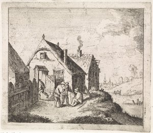 Tre menn snakker i et hus