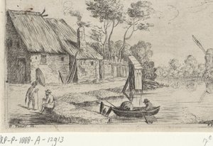 Landskap med gård og vann
