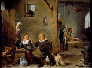 Et destilleri med en eldre mann som kjøper gin fra en kvinne, c1640-1649