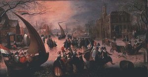 En landsby om vinteren med herre-isseiling av David Vinckboons
