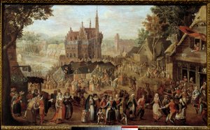 Kermesse i Audenarde (Belgia). Fest foran bygdekirken. Maleri av David Vinckboons (eller Vinckeboons eller Vinkeboons 1576-1629)