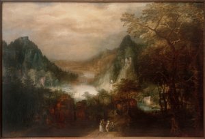 Fjellelvelandskap med elefantfigurer av David Vinckeboons
