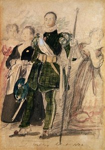 En bueskytter og en gruppe kvinner ved Palace of Holyrood under kongens besøk av David Wilkie