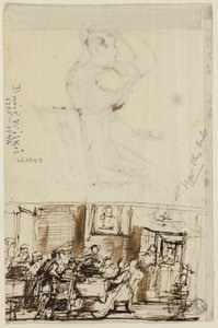 Folk ved et bord (recto), og studie for hyttetoalett (verso)