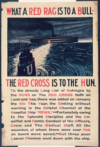 «Hva en rød fille er for en okse, er Røde Kors for Hunerne», WWI-plakat