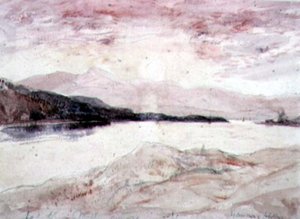 Loch Aline, Argyllshire: Utsikt fra nord med øya Mull (wc på papir) av David Young Cameron