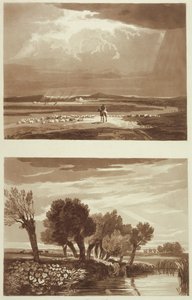 An Effect after a storm... and Transient Effect, View in Battersea Marsh, illustrasjoner fra A Treatise on Landscape and Effect in Water Colours, 1841 (akvatint) av David after Cox