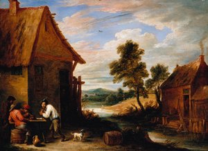Et elvelandskap med bønder utenfor en taverna av David Teniers the Younger