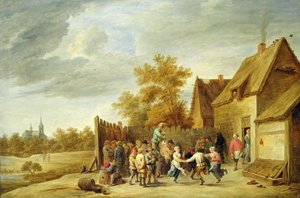 Bønder danser utenfor et vertshus (olje på lerret) av David Teniers the Younger