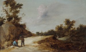 Bønder hviler på en sti i et steinete, skogkledd landskap av David Teniers the Younger