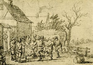 Bønder danser foran et hus av David Teniers the Younger