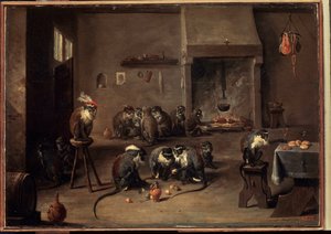 Aper på kjøkkenet. Maleri av David Teniers den yngre (1610-1690). Olje på lerret, 36 x 50,5 cm, ca 1640. Flamsk kunst, barokkkunst. Eremitasjemuseet, St. Petersburg. av David Teniers the Younger