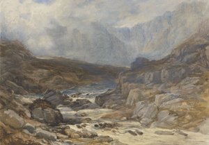 Welsh Mountain Scene med Torrential River (akvarell med kroppsfarge og svart kritt på papir)