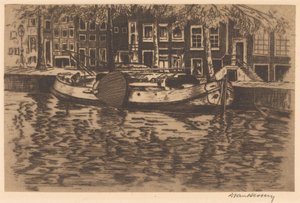 Kanal med fortøyd seilbåt av David van Hessen (signed by artist)