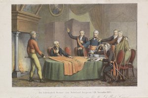 Aksept av den høye regjeringen av triumviratet i navnet til prinsen av Orange, 21. november 1813 Gjenopprett en nederlandsk regjering til Nederland. (20. november 1813) (tittel på objekt)