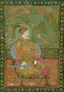 58.2025A Portrett av Sultan Abdullah Qutb Shah sittende, Golconda, 1670, (gouache på papir med gull- og blomstergullmønstret kant)