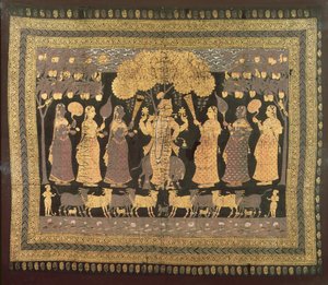 Krishna and his Gopis (opaque watercolor, gold, and silver on dyed cotton)