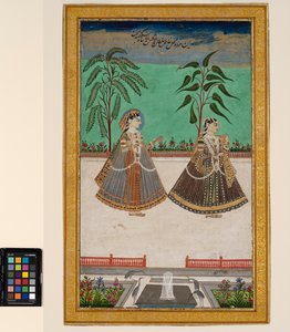 To kvinner fra haremet til Tana Shah fra Golconda, ca. 1800 (ugjennomsiktig akvarell og gull på papir, montert på en albumside)