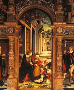 Nativity, detalj fra altertavlen fra 1500-tallet, av Defendente Ferrari (1480 eller 1485-1540), Abbey of St Anthony of Ranverso, Buttigliera Alta, Italia