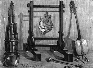 Kinesiske musikkinstrumenter: orgel, lydstein og fiolin.