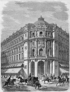 Prosjekt av fasaden til det nye teatret i Vaudeville på hjørnet av Boulevard des Capucines og Rue de la Chaussée-d