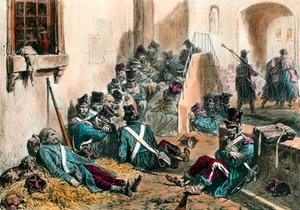 Tyfus under Napoleonskrigene Soldater fra den franske hæren lider av feber forårsaket av sykdom. Gravering av Denis Auguste Raffet (1804-1860) 1800-tallet. Privat samling