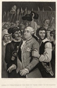 Ludvig XVI truet av mobben under deres besøk i Tuileriene, 20. juni 1792, gravert av John Sartain (gravering) av Denis Auguste Marie (after) Raffet