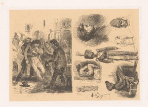 Gruppe menn, ved siden av en komposisjon inkludert en soldat croquis; Scener av revolusjonen av Denis Auguste Marie Raffet