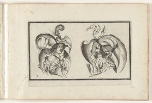 Et manns- og en kvinnehode med groteske hatter og krager Hodeplaggdesign (serietittel) Ouvrage rare et nouveau, contenant plusieurs desseins de merveilleuse rekreation sous diverses caprices et gentillesses representees en l