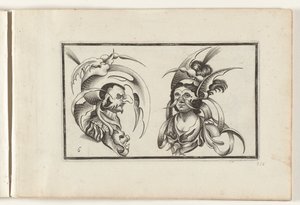 Mannlige og kvinnelige hoder med groteske hatter og krager Hodeplaggdesign (serietittel) Ouvrage rare et nouveau, contenant plusieurs desseins de merveilleuse rekreation sous diverses caprices et gentillesses representees en l