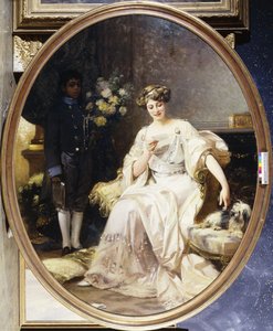Portrett av en dame, sies å være Anna de Noailles, sittende i full lengde, med en negerside i et interiør av Denis Etcheverry