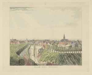 Nijmegen, utsikt fra Belvédère mot vest Mot vest (tittel på objekt) Severdigheter rundt byen Nijmegen (serietittel) Geldersch panorama eller rund utsikt over livet tegnet på belvedere i Nymegen (serietittel)