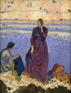 To kvinner på steiner ved havet,