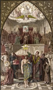 Saint Remigius baptizes Clovis in Reims - The baptism of the King of the Francs Clovis I (466-511) in Reims by the Eveque Saint Remi on 25/12/496 (or 499) - engraving after the painting by Desire Francois Laugee av Desire Francois Laugee