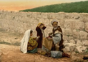 Omreisende skomaker av Jerusalem, Det hellige land, ca. 1890-c. 1900 (fotokromtrykk) av Detroit Photographic Co.