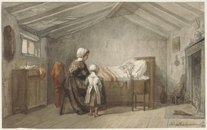 Mor og datter ved sykesengen til et barn av Diederik Franciscus Jamin