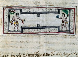 Aztekerne spiller pelota, miniatyr fra History of Indies (Historia de las Indias) av Diego Duran (1537-1588), manuskript fra 1579