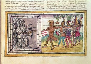 Codex Duran: Pedro de Alvarado (ca. 1485-1541) våpenledsager til Hernando Cortes (1485-1547) beleiret av aztekiske krigere