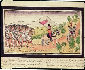 Fol.204v Totonac-indianerne hjelper conquistadorene med å transportere materialer, 1579