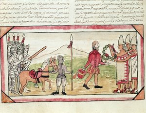 Fol.208v Meeting of Hernando Cortes (1485-1547) og Montezuma (1466-1520), miniatyr fra 