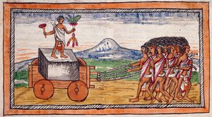 Aztekerne transporterer steiner for å bygge byene sine, strekker akvarell fra History of the Indies av Diego Duran (1537-1588), manuskript, folio 188 recto