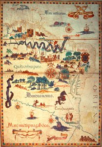 Legg til 5415A f.23v-24 Atlas av Diego Homem fra Sør-Amerika, som viser indianere i bosetningene deres, spansk ekspedisjonsstyrkeleir og Men in Armour, ca. 1558