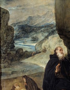 Saint Anthony og Saint Paul eremitt. Detalj som skildrer Saint Anthony the Great (eller Saint Anthony the Eremit eller Saint Anthony the Abbe), og landskapet. Maleri av Diego Rodriguez de Silva y Velasquez (1599-1660), cirka 1635. Olje på lerret. Mål: 2,57 av Diego Velázquez