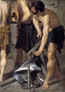 Vulcans smie, detalj. En av smedene jobber med rustning. Maleri av Diego Velasquez (1599-1660) 1630 Søn. 2,23x2,90 m Madrid, Prado-museet av Diego Velázquez