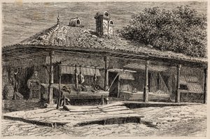 En slakterbutikk og et bakeri i Bucuresti (Romania). Gravering for å illustrere turen fra Paris til Bucuresti av Lancelot, designer, i 1860, i "Le tour du monde, nouveau journal des voyages", utgitt under ledelse av Edouard Charton