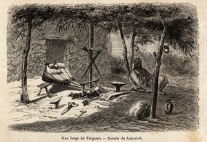 En sigøynersmie i regionen Walachia, Romania. Gravering for å illustrere reisen fra Paris til Bucuresti, av Lancelot, tegner, i 1860, publisert i "Le tour du monde, nouveau journal des voyages", under ledelse av Edouard Charton av Dieudonne Auguste Lancelot
